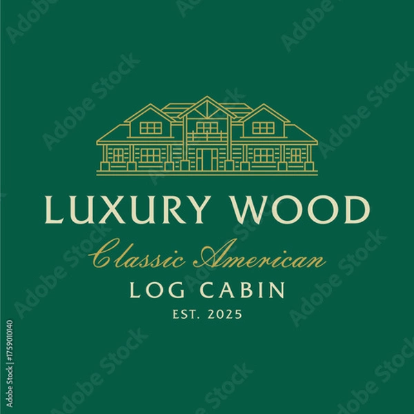 Obraz Luxury American Log Homes Logo Template. Classic Log Cabin Lineart Design