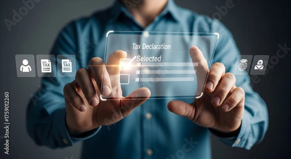 Fototapeta Man Interacting with Tax Declaration Interface: Digital Tax Filing, Form Selection, and Financial Technology Concept