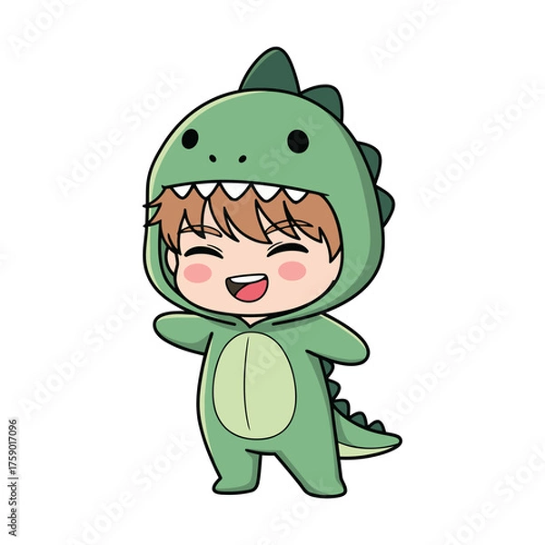 Fototapeta Cute cartoon boy in a green dinosaur onesie with light green belly, smiling brightly with arms open wide, standing on a clean white background.