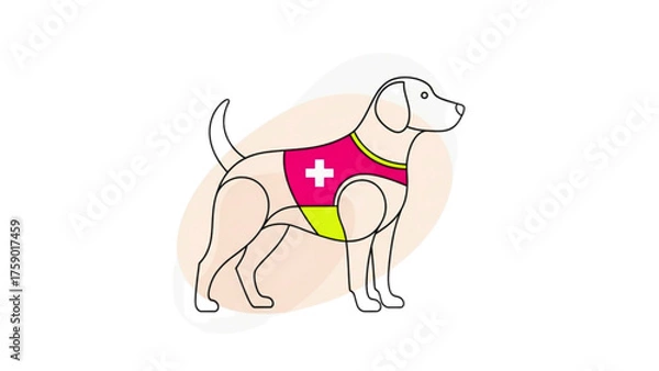 Fototapeta Therapy dog with vest,  Minimalist illustration of a dog in a bright harness with a white cross on a light background