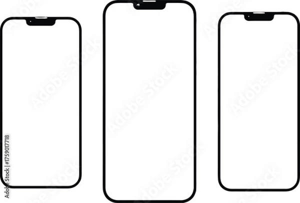 Fototapeta Three Outline Silhouettes of Modern Smartphones on White Background mobile phone cell phone