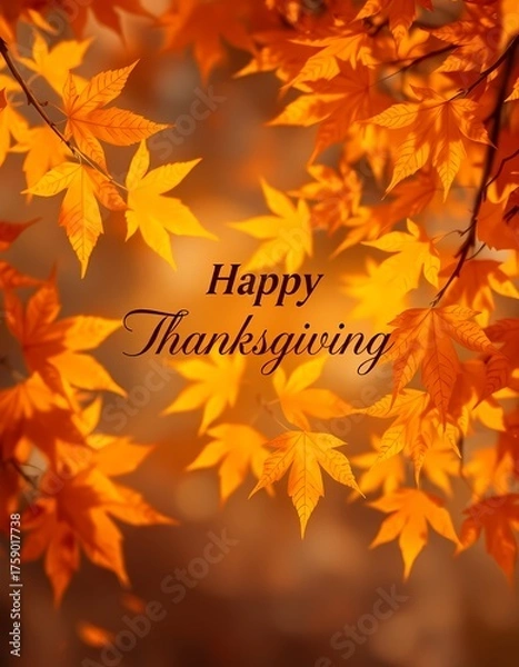 Fototapeta Vibrant Maple Leaves Border on Warm Sunny Autumn Day - Happy Thanksgiving Greeting Card