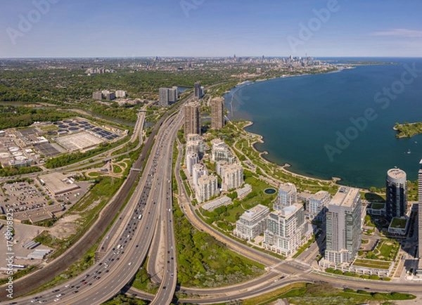 Fototapeta Aerial view of Marine Parade Drive and Lake Shore Boulevard West in Etobicoke near Toronto West downtown, Ontario. Mimico neighbourhood. Lake Ontario waterfront and residential housing developments.