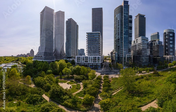 Obraz Aerial view of Humber Bay Shores, Etobicoke near Toronto area is chic waterfront gem. Epic cityscape condos buildings, vibrant green park trails near lakefront scenic escapes and modern living. Mimico