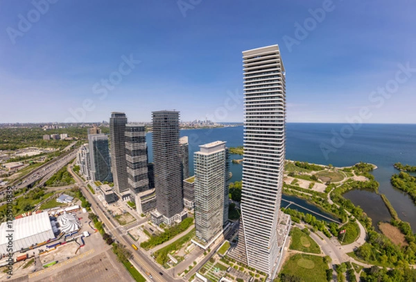 Fototapeta Aerial view of Marine Parade Drive and Lake Shore Boulevard West in Etobicoke near Toronto West downtown, Ontario. Mimico neighbourhood. Lake Ontario waterfront and residential housing developments.