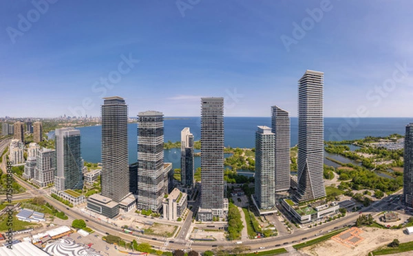 Obraz Aerial view of waterscapes condos at Marine Parade Drive near Humber Bay Park and close to the Ontario lakefront in Etobicoke. Mimico scenic waterfront parks for leisure and fishing. Toronto West.