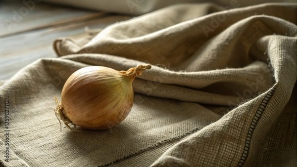 Fototapeta A single onion bulb on rustic linen cloth close up