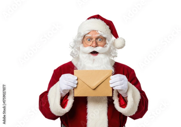 Fototapeta Surprised Santa Claus holding an envelope isolated PNG, festive holiday figure with letter on transparent background for Christmas designs