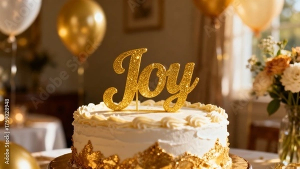 Obraz Cake topper gold letters "joy", a festive decoration for celebration, creating an atmosphere of happiness and elegant triumph.