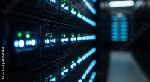 Fototapeta Server rack with glowing blue and green indicator lights in dark room.