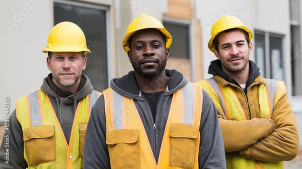 Obraz Construction Site Workers Standing in Line on Industrial Worksite