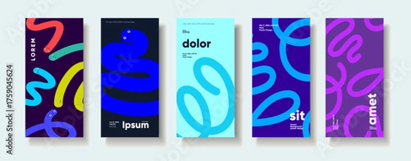 Fototapeta A vibrant collection of five abstract posters featuring playful, colorful squiggles and bold typography. Each design showcases a unique combination of colors and shapes, creating a modern and dynamic