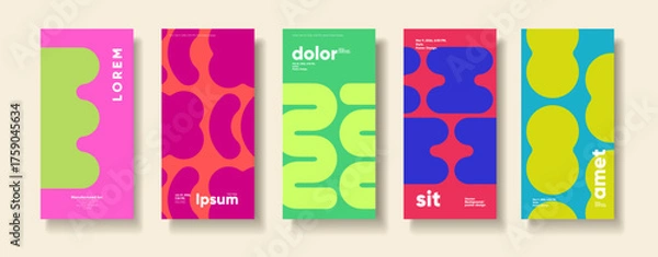 Fototapeta A vibrant collection of abstract poster designs featuring bold colors and organic shapes. Each poster showcases a unique combination of hues and patterns, perfect for modern graphic design