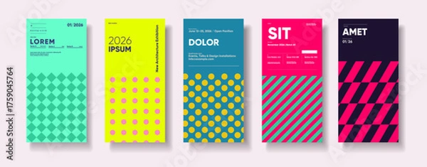 Fototapeta A vibrant collection of five modern poster designs featuring bold typography and geometric patterns. Each poster showcases a unique color scheme and layout, perfect for events, exhibitions