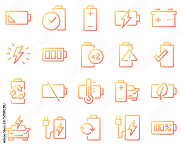 Fototapeta Line icons set of batteries and electric charging. Includes power indicators, eco energy, EV, battery levels, temperature, and safety symbols for UI, apps, and infographics	