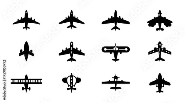 Obraz Set of Diverse Airplane Silhouettes. Collection of Aircraft Icons for Aviation, Air Travel, and Transportation Design Elements.
