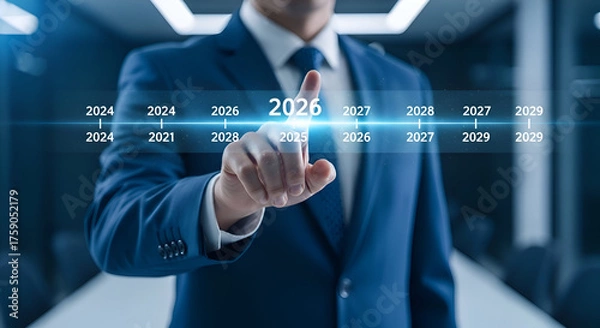 Fototapeta Businessman plans future strategy, touching timeline for upcoming business goals