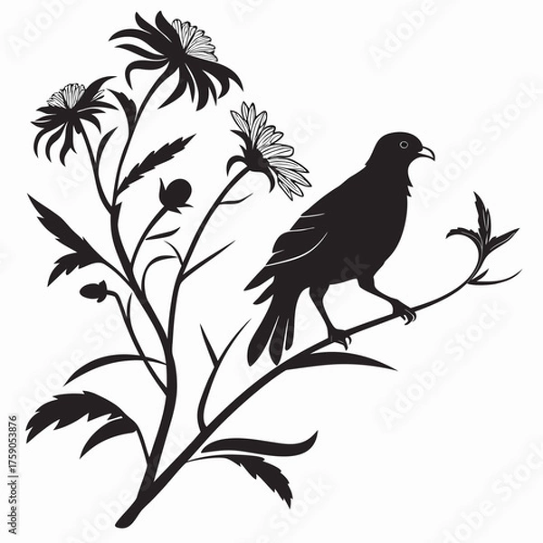 Fototapeta Elegant silhouette of a bird perched on a branch amidst delicate flowers