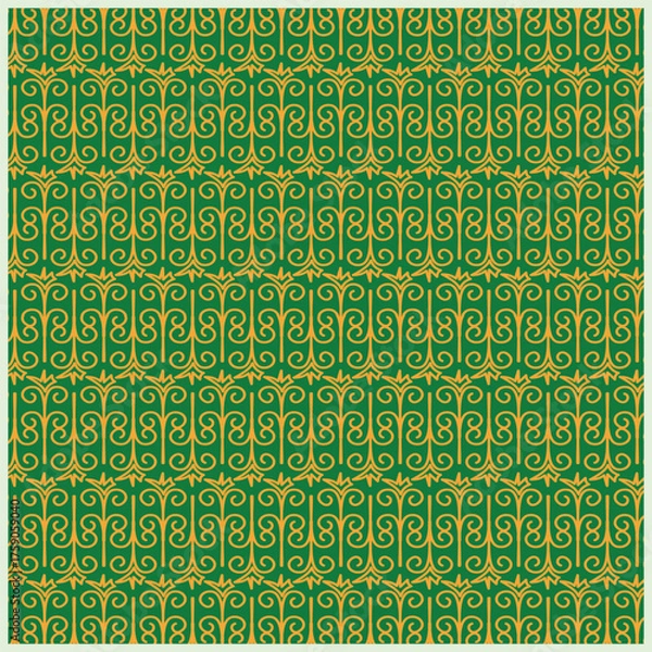 Fototapeta Elegant traditional ornament pattern with golden floral swirls on a green background, creating a seamless decorative design for textiles and wallpapers.