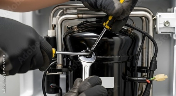 Obraz Skilled technician's hands in gloves using wrench and screwdriver to repair a compressor unit, performing maintenance on complex industrial equipment