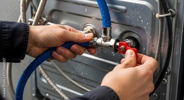 Fototapeta Hands connecting water supply hose with red valve to washing machine for home appliance installation or repair