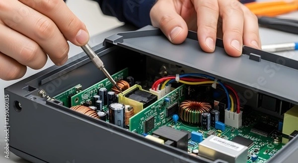 Fototapeta Technician's Hands Repairing Electronic Device Circuit Board with Screwdriver, Detail of Hardware Maintenance and Troubleshooting