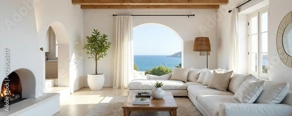 Obraz Sunlit Living Room with Whitewashed Walls, Exposed Beams, and Elegant Furnishings Coastal Greek Island Home Decor Inspiration