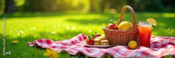 Obraz Relaxing Summer Picnic Checkered Blanket, Sun-Dappled Lawn, Fruit, Sandwiches, and Refreshing Drinks