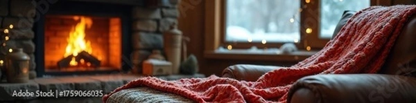 Obraz Cozy Winter Scene Warm Knit Blanket, Rustic Furniture, Fireplace, Falling Snow