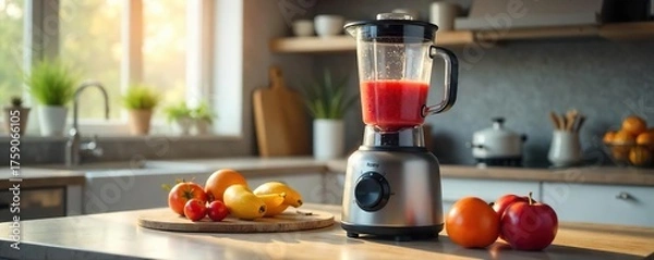 Obraz Sleek Modern Blender on Kitchen Countertop Ready for Use, Fresh Fruit Nearby, Gleaming Glass Jar, Modern Kitchen Appliances