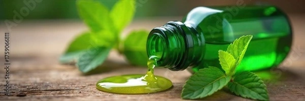 Obraz Soothing Peppermint Essential Oil Close-Up of Vibrant Green Drops Spilling onto Warm Wooden Surface, Promoting Relaxation and Stress Relief