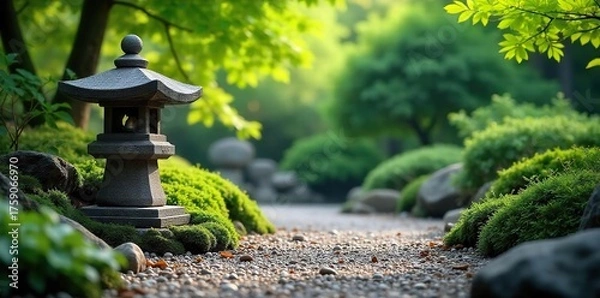 Obraz Tranquil Japanese Zen Garden Stone Lantern, Raked Gravel, Lush Greenery