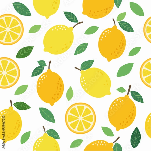 Fototapeta Lemon Pattern with Slices and Leaves.