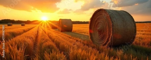 Obraz Golden Sunset Hay Bales  A Successful Harvest in a Serene Field, Ready for Transport.  These large round bales represent the culmination of a growing season, bathed in warm evening light.