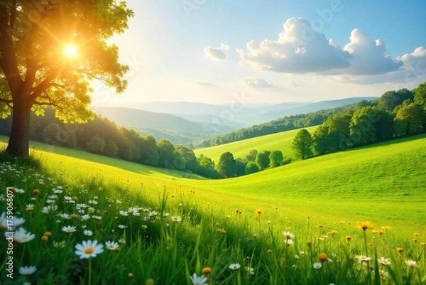 Obraz Golden Sunlight Bathes Lush Green Pasture with Wildflowers, Peaceful Rolling Hills in the Distance - Idyllic Summer Scene
