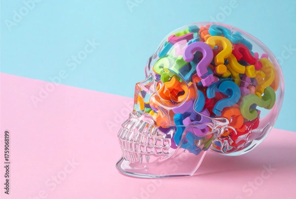 Fototapeta Colorful Question Marks inside Skull-Shaped Container on Pastel Background