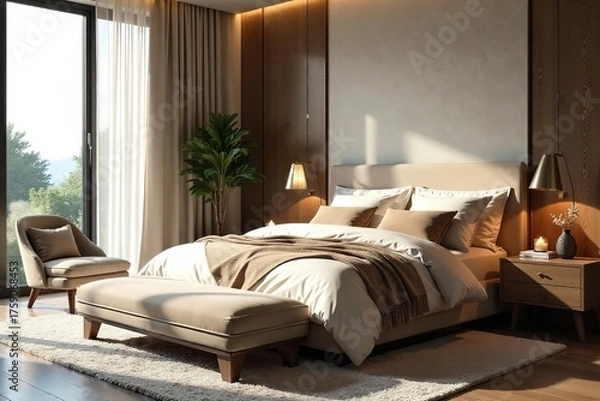 Obraz Luxurious Modern Bedroom Plush Bedding, Seating & Serene Atmosphere for Relaxation and Comfort