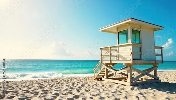 Obraz Serene Sunny Beach Scene Lifeguard Tower overlooking Calm Ocean Waves, Ensuring Safe and Relaxing Vacation for Families
