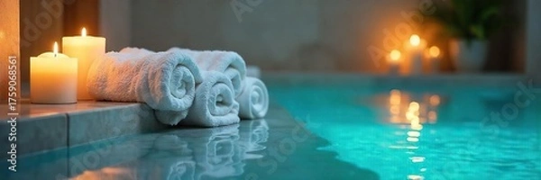 Obraz Serene Spa Scene Blue Water, Fluffy Towels, and Aromatic Candles ? Relaxation and Rejuvenation
