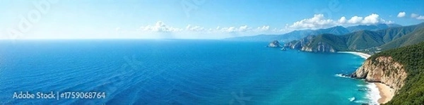 Obraz Panoramic View of Serene Deep Blue Ocean, Gentle Waves on Sandy Shore, Clear Sky - Perfect for Travel, Vacation, and Tranquility Themes