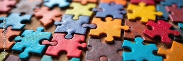 Obraz Vibrant Jigsaw Puzzle Pieces Ready for Assembly A Close-Up of Colorful Shapes and Intricate Details, Perfect for Games and Creative Projects