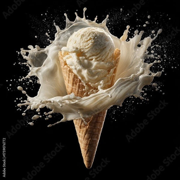 Obraz Vanilla ice cream in cone erupts in milk, black backdrop, for a dairy dessert ad