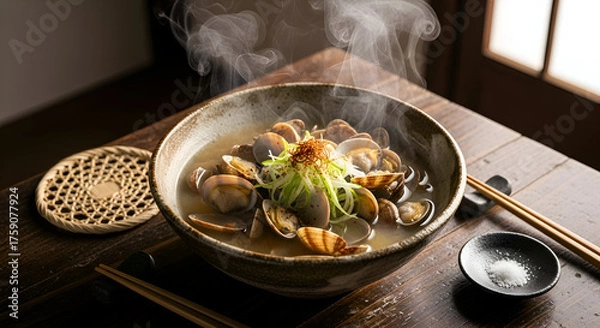 Fototapeta A delicious bowl of steaming clam soup with fresh ingredients and beautiful presentation