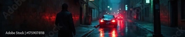 Fototapeta Shadowy Figure in Dark Alleyway, Limousine Escape, Mysterious Urban Surveillance Scene, Rain, Hidden Agenda