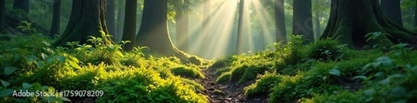 Fototapeta Sunlit Moss and Ferns in Ancient Woodland Discover the Tranquility and Mystery of a Lush, Dense Forest Floor