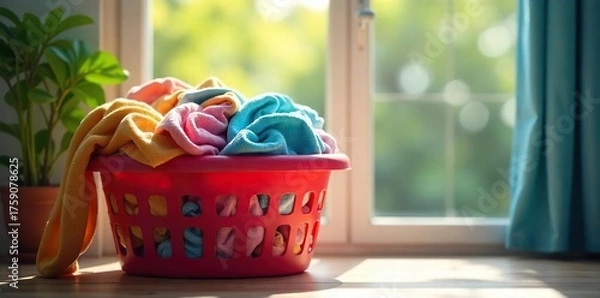 Fototapeta Sunlit Laundry Basket Overflowing with Colorful Clothes Ready for Washing