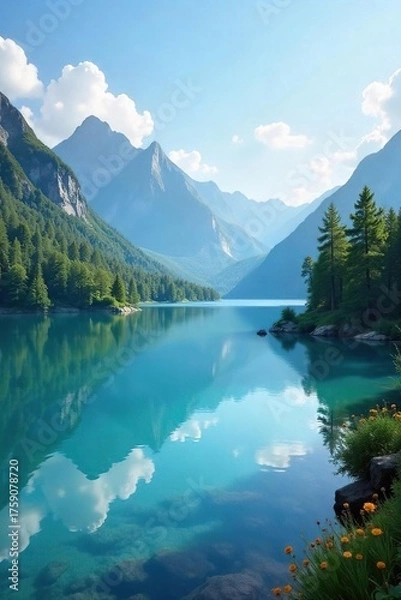 Fototapeta Tranquil Lake Landscape Serene Reflection of a Clear Sky, Perfect for Relaxation and Mindfulness