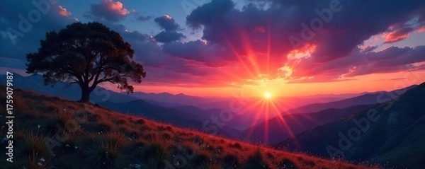 Fototapeta Majestic Sunset Landscape Tranquil Twilight with Long Shadows and Emerging Stars