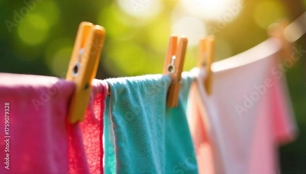 Fototapeta Sun-Drenched Laundry Colorful Clothespins Drying on a Summer Clothesline