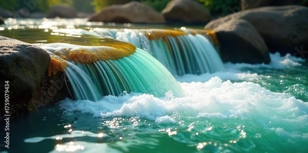 Fototapeta Serene Waterfall Cascade Vibrant Green Water Flowing Over Smooth Rocks in Sunlight